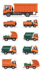 Fototapeta premium An illustration of garbage collection vehicles and trash cans in orange, with illustrations showing workers carrying the waste to green bin trucks. 