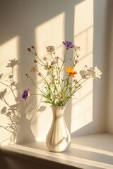 Sunlit wildflowers in vase casting soft shadows on neutral wall