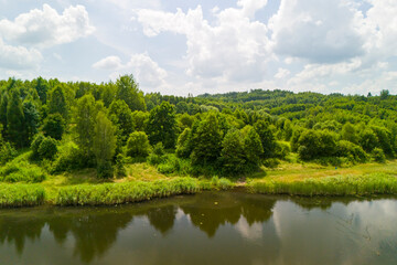 Lush green trees reflect in a tranquil river under a bright sky, creating a serene natural landscape