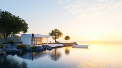 Fototapeta premium Modern Lakefront House at Sunrise