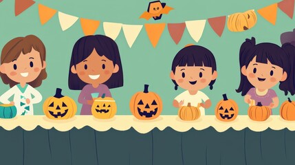 Halloween A group of children are carving pumpkins at a table