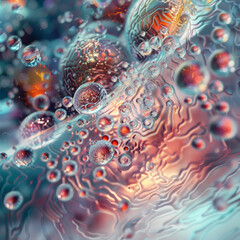 A mesmerizing macro shot of microscopic abstract shapes, showcasing intricate patterns and vibrant colors. image captures beauty of bubbles and reflections, evoking sense of wonder and curiosity
