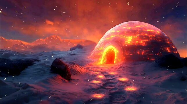 Glowing igloo in snowy landscape at sunset. Seamless looping 4k time-lapse animation video background.