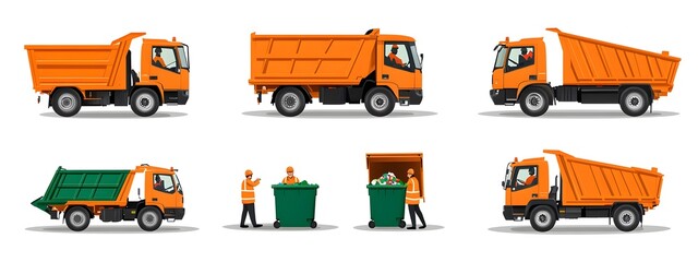 Fototapeta premium An illustration of garbage collection vehicles and trash cans in orange, with illustrations showing workers carrying the waste to green bin trucks. 