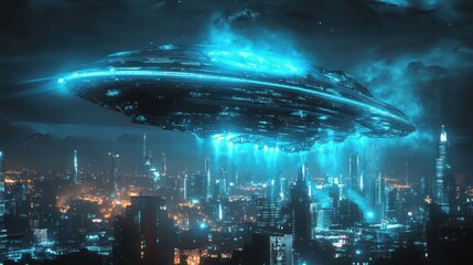 A massive, sleek alien spaceship hovers above a futuristic city, with glowing blue energy fields surrounding its metallic surface, ready for intergalactic travel.