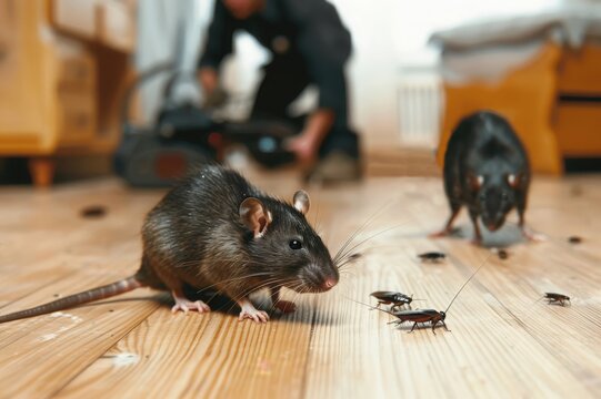 Rats and cockroaches are on the floor of flat or house. Pest control professional with special equipment is in the background. The concept of pest control