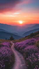 Obraz premium Sunset mountains with vibrant flowers and winding road picture 