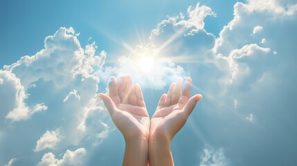 Hands reaching towards the sun symbol of hope faith
