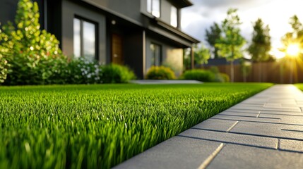 Lush green lawn in front of a modern house illuminated by the golden sunset can be used for real estate ads, landscaping services, or home improvement content,