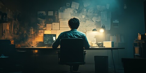 A man working at a desk in a dimly lit