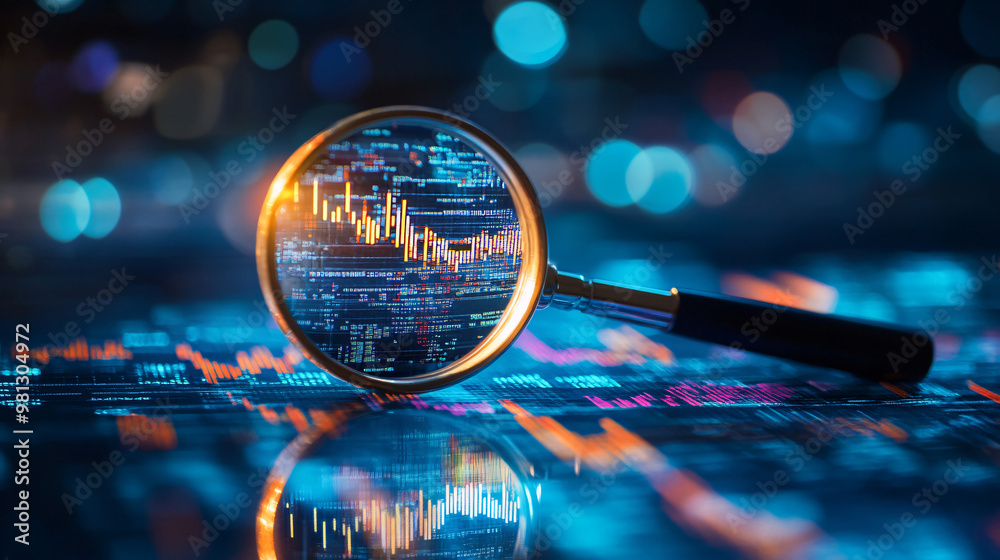 Poster magnifying glass zooms in on digital charts and code, indicating the examination of financial data