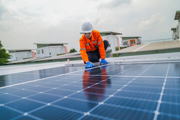close up on grid of technology renewable solar energy. construction solar panels system on roof....