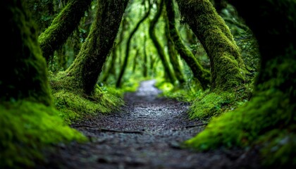 Obraz premium A mystical forest path with moss-covered trees and branches, with vibrant green leaves creating a calming and nature-filled environment.