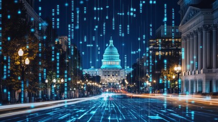 A panoramic scene of the Capitol Hill at night, where a forex holographic chart is superimposed, symbolizing the link between financial markets and government policy.