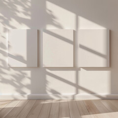 Fototapeta premium Minimalist design with three blank canvases on white wall, illuminated by soft shadows, creating serene atmosphere. Perfect for showcasing art or photography