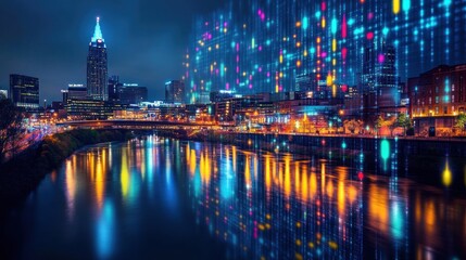 Obraz premium A nighttime view of Nashville's Broadway, with vibrant lights reflecting on the river. A forex hologram chart overlays the scene, showcasing digital trading activity.