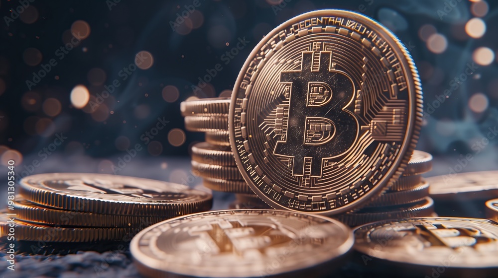 Poster close-up of shiny gold bitcoin and stack of other coins set against dark blurry background