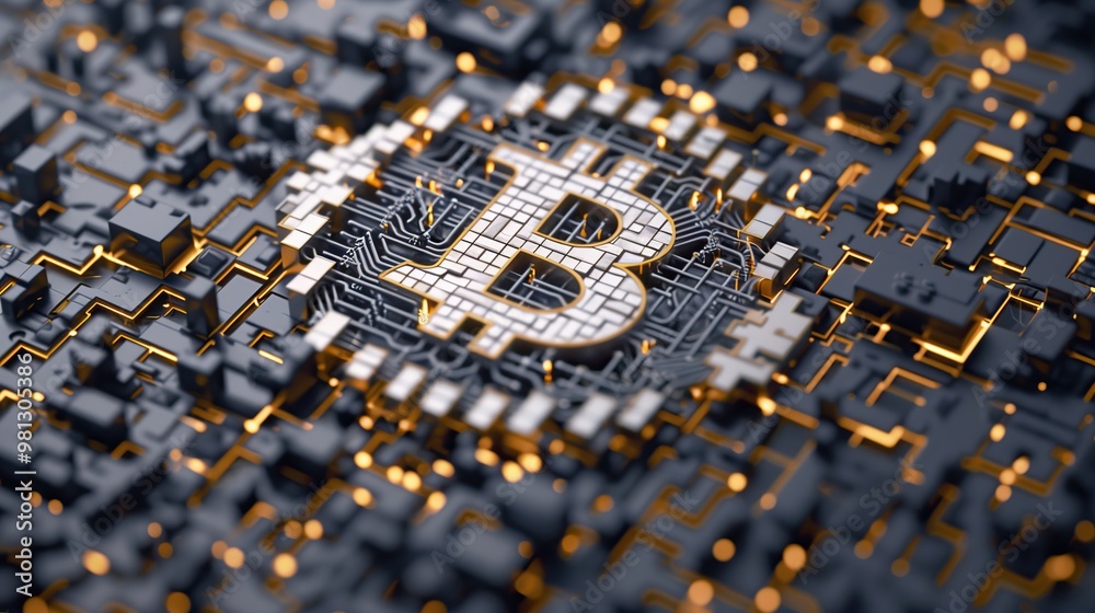 Poster close-up view of Bitcoin symbol embedded in circuit board