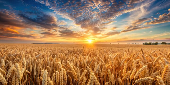 Ripening wheat field at sunrise with a beautiful sky in the background, ripening, wheat, field, sunrise, sky, background
