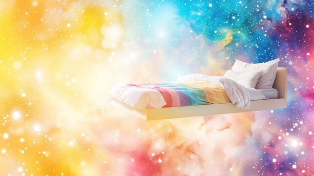 bed floats in dreamlike setting with colorful galaxy background copy space