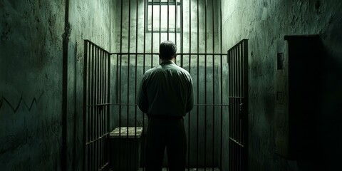A man stands behind bars in a dark cell.