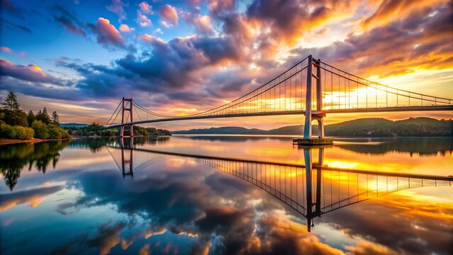 A majestic suspension bridge stretches across a serene lake at sunset, its cables and towers reflected in the calm water beneath a vibrant sky.