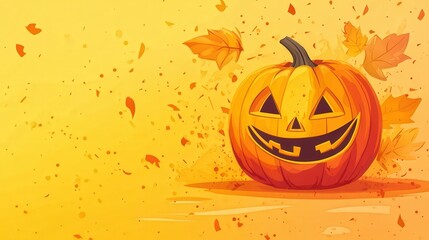 Halloween The pumpkin is the main focus of the image, and the yellow background