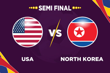 Soccer matchday template. USA vs North Korea Match day template. Rival flags of both teams with football shape. Isolate with purple color and editable EPS file.
USA VS PRK football match.