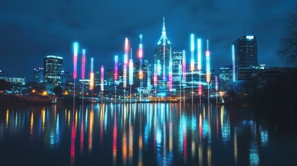 Fototapeta premium Nashville illuminated skyline seen from the river, with a holographic forex candlestick chart floating in the sky, representing financial market trends.