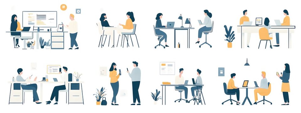 A set of flat illustrations depicting people in various work scenes, such as sitting at desks and standing up to dock their phones with charging cables, talking around the table or working on computer