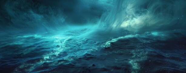 Imagine yourself immersed in a Cosmic Ocean, filled with waves under a starry sky and a vibrant blue glow