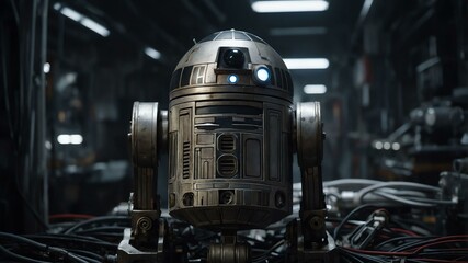 Fototapeta premium in the dimlylit workshop a quirky droid mecha image