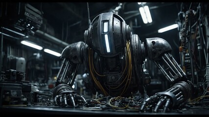 in the dimlylit workshop a quirky droid mecha image