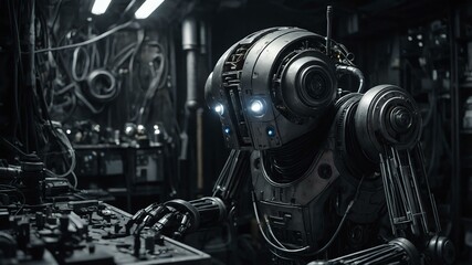 Fototapeta premium in the dimlylit workshop a quirky droid mecha image