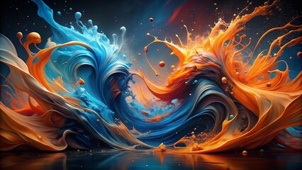 Vibrant splashes of blue and orange hues swirl together in a mesmerizing dance, creating a dynamic abstract art piece that exudes energy and creativity.