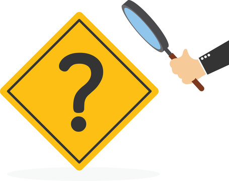 Businessman using magnifying glass to analyze question mark sign. Problem and root cause analysis, answer for business problem concept. Vector illustration
