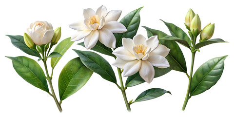 Obraz premium Set of Four Small Separate Gardenia Jasminoides (Cape Jasmine) Plants Isolated on Transparent Background, Ideal for Floral and Fragrant Plant Projects