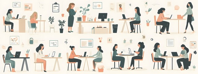 A set of flat illustrations depicting people in various work scenes, such as sitting at desks and standing up to dock their phones with charging cables, talking around the table or working on computer