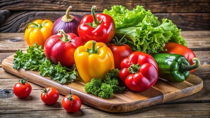Fresh assortment of colorful vegetables, including juicy tomatoes, crisp lettuce, and vibrant bell peppers, arranged artfully on a rustic wooden cutting board.