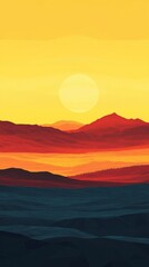 Fototapeta premium Stunning minimalist landscape showcasing teal and orange mountains silhouetted against a breathtaking sunset, capturing the essence of tranquility and natural beauty