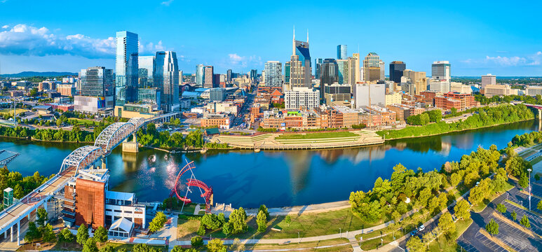 Aerial Panorama of Nashville Skyline with Pedestrian Bridge and Riverfront