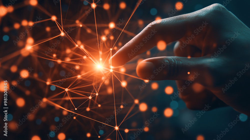 Aufkleber businessman is touching a network of connected dots representing the power of global business connec