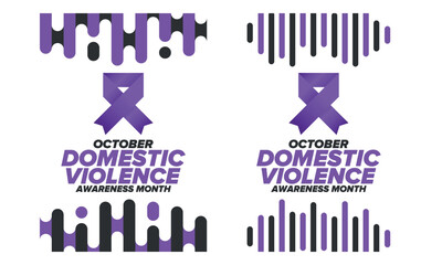 Domestic Violence Awareness Month in October. Celebrate annual in United States. Awareness purple ribbon. Day of Unity. Prevention campaign. Stop women abuse. Poster, banner and background. Vector