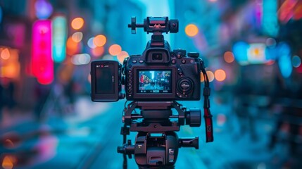 Fototapeta premium A Professional Camera mounted on a sturdy Tripod captured an image in a vibrant and colorful event background