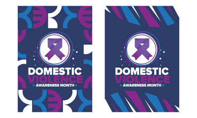 Domestic Violence Awareness Month in October. Celebrate annual in United States. Awareness purple ribbon. Day of Unity. Prevention campaign. Stop women abuse. Poster, banner and background. Vector