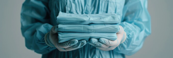 A healthcare worker in protective clothing and gloves holding neatly folded blue sterile garments, highlighting hygiene and safety practices in a medical environment.