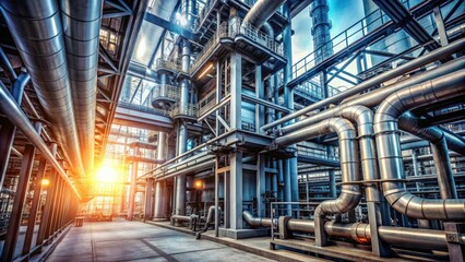 Obraz premium Industrial zone with steel pipelines and equipment, industrial, zone, steel, pipelines, equipment