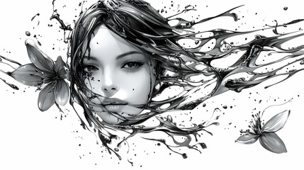 Black and White Abstract Art: Woman with Flowers in Liquid