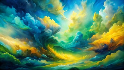 Fototapeta premium Vibrant abstract oil painting on canvas features swirling clouds of blue, green, and yellow hues, evoking emotions and depth with expressive brushstrokes.