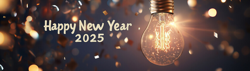 The lightbulb is surrounded by a halo of sparkles and confetti, with Happy New Year 2025 written in an elegant font. The background should be a soft color